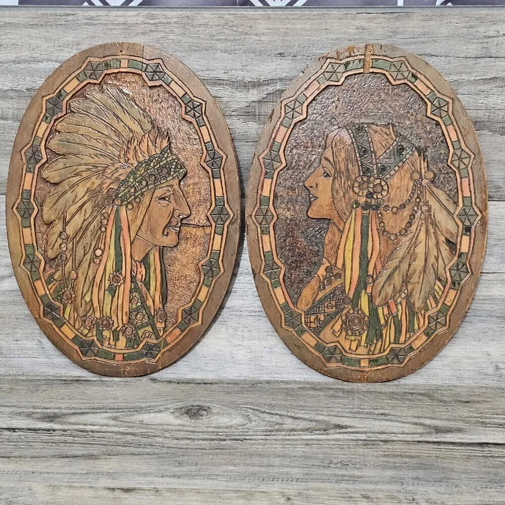 Flemish Wood Carved Mosaic Glass Inlay Native American Oval Photography Art Work